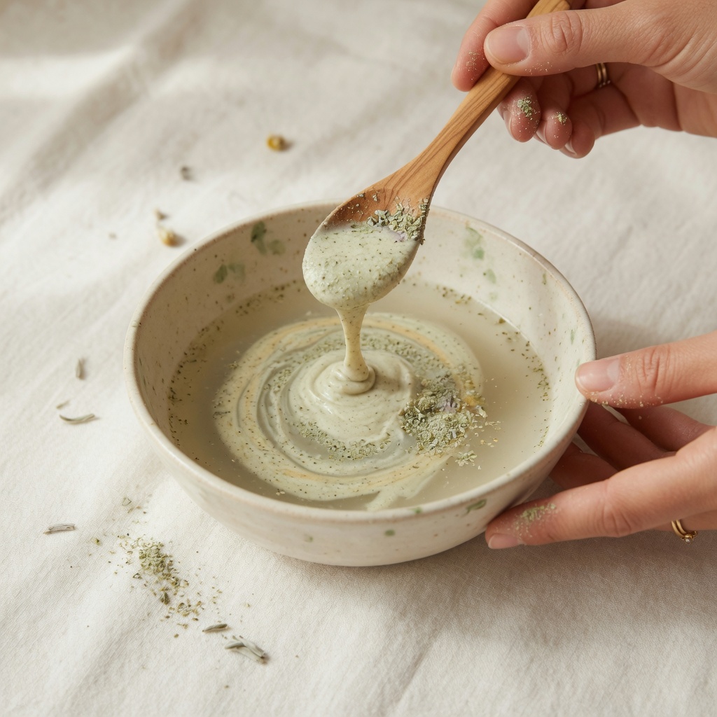 Mixing botanical powder with water into a creamy paste