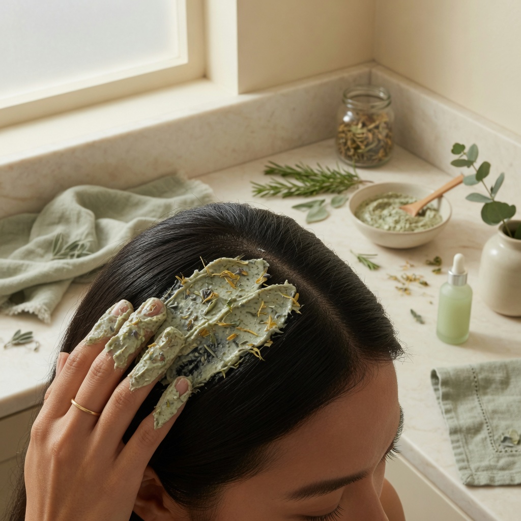 Applying botanical paste to hair at the roots