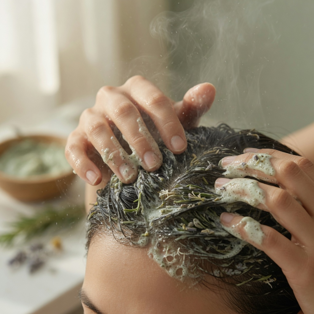 Massaging botanical cleanser into the scalp