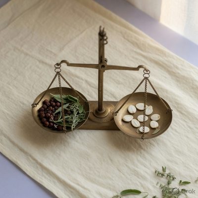 A brass scale holding botanicals in even measure