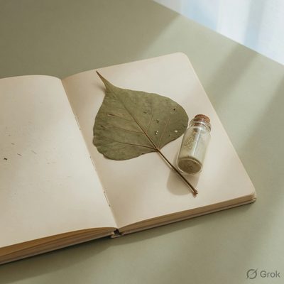 An open notebook with a pressed leaf and a vial