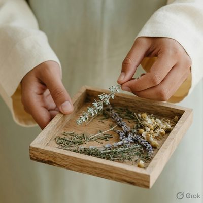 Hands choosing a herb sprig with care