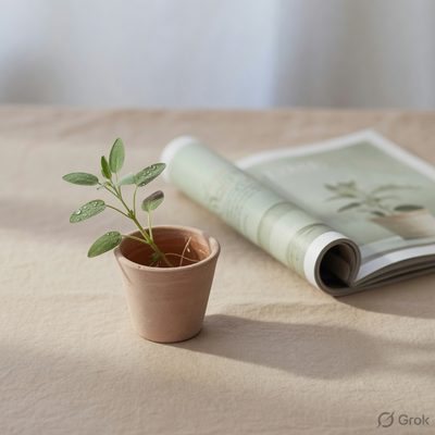 A living plant beside a fading magazine